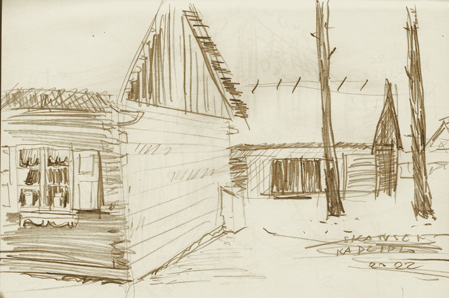 skansen Kadzidło szkic z drewnianymi budynkami